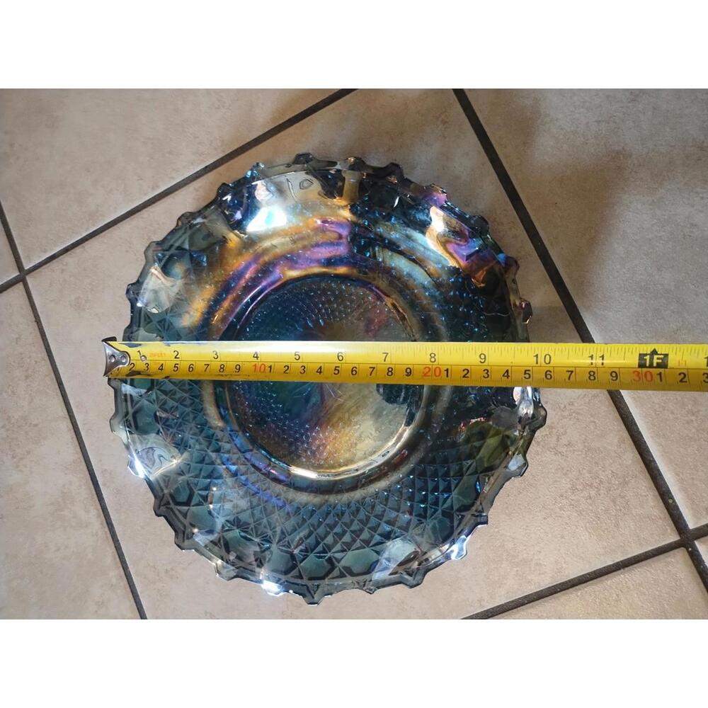Vintage Glass Blue Iridescent Diamond Cut Carnival Glass 10 1/4" Serving Dish - Picture 4 of 4